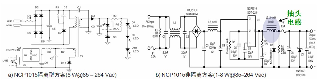 圖1：基于安森美半導體NCP1015的1至8 W隔離型(a)及非隔離型(b) LED照明方案