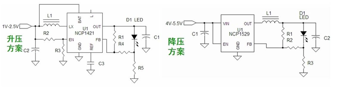 圖7：基于NCP1421的升壓型和基于NCP1529的降壓型1-3 W手電筒LED應用