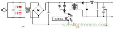 車載充電器電源電路例 (C1: AC線路濾波器用Y電容器、C2: 初級(jí)-次級(jí)耦合用電容器) 