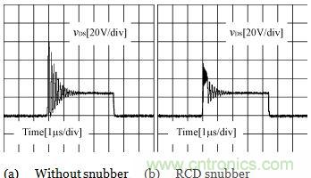 加RCD吸收電路前后vds的實驗波形