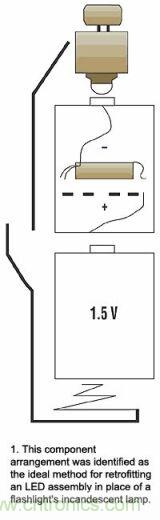 增壓電路在有兩節(jié)電池的手電筒中將代替的一節(jié)電池，LED裝置則代替白熾燈