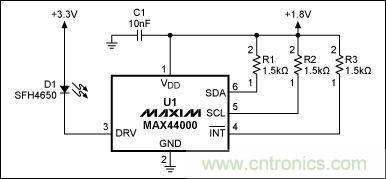 圖1：MAX44000典型電路，包括LED