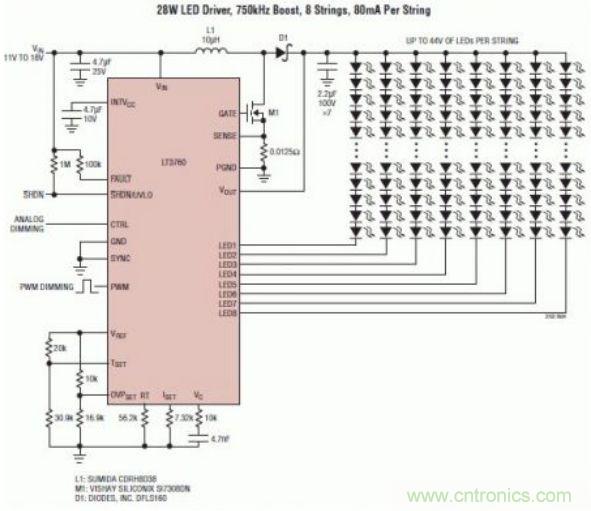 采用 LT3760、效率為 90% 的 28W LED 背光照明電路