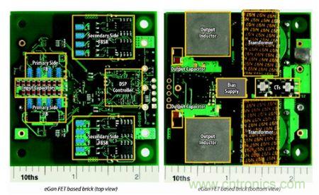 圖6：采用eGaN FET設(shè)計的48V至53V半磚PSE轉(zhuǎn)換器的頂視圖和底視圖(單位為英寸)。