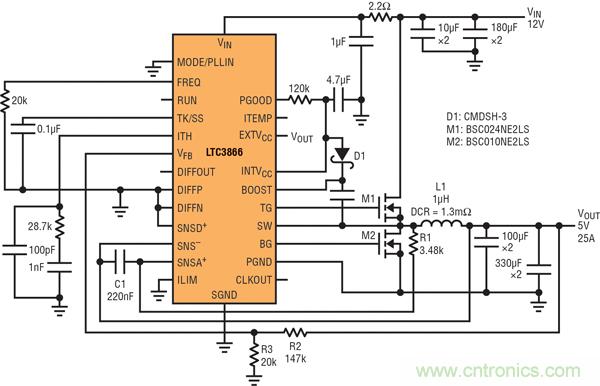 圖9：高效率電源，12V輸入至5V/25A輸出