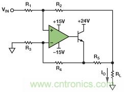 圖1. 改進型Howland電流源驅(qū)動接地負載。
