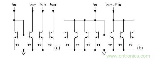 （a） 多級電流鏡 （b） 非整數(shù)比例電流鏡可將3個T2集電極結(jié)合起來，得到3IIN