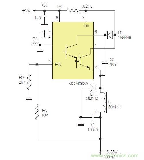 采用降壓配置中廣為使用的MC33063/MC34063的一個示例。