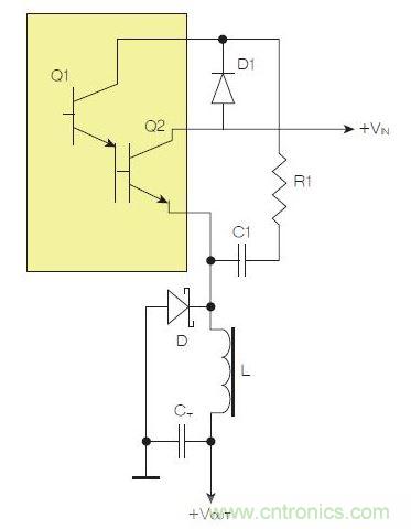 為了實現(xiàn)用兩個元器件提升電源轉(zhuǎn)換效率，芯片上應(yīng)有針對驅(qū)動器晶體管Q1集電極的單獨引腳。