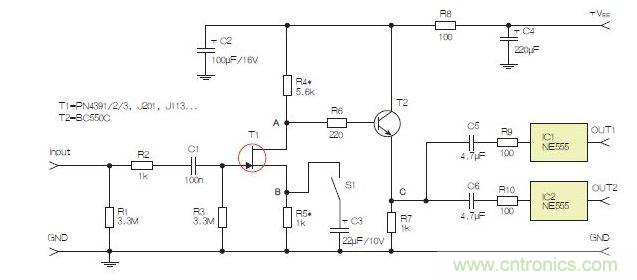 所示電路采用兩個(gè)工作在不同頻率下的555定時(shí)器，以獲取不同的音