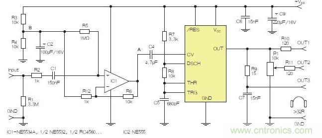 含運(yùn)算放大器和NE555定時(shí)器的耳機(jī)和音頻線路驅(qū)動(dòng)器。也可以使用CMOS版本(如LMC555)，但輸出電流較低。其優(yōu)點(diǎn)為工作頻率較高。