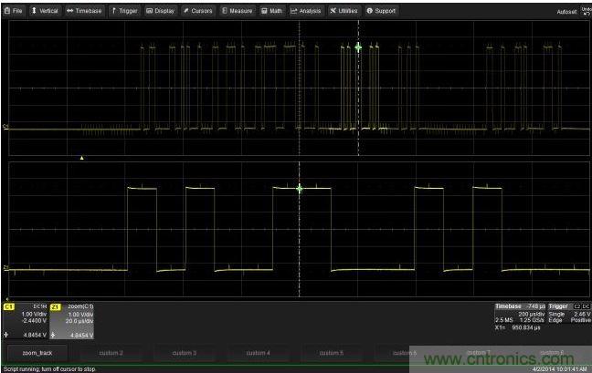 使用CustomDSO運(yùn)行VB腳本“zoom_Track.lss”。當(dāng)腳本運(yùn)行時，縮放波形的中心將跟蹤水平的光標(biāo)絕對位置。從圖中可以看出，光標(biāo)將永遠(yuǎn)位于縮放波形Z1的中心