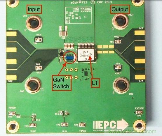 演示板用于顯示GaN的EMI。該GaN組件被圈定，我會在L1左側(cè)測量切換的波形。