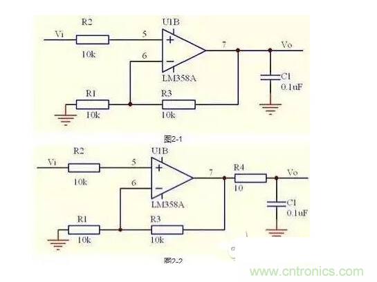 2、不要在運(yùn)放輸出直接并接電容