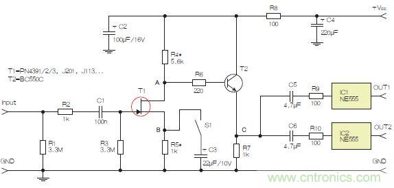 圖3：采用兩個工作在不同頻率下的555定時器電路，以獲取不同的音效。