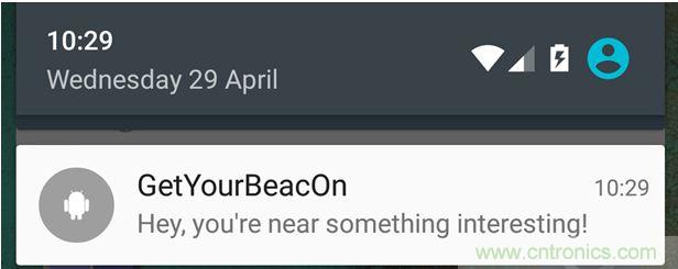 圖10 – 安卓系統(tǒng)通知，提示附近發(fā)現(xiàn)Beacon