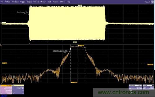 面的時域圖顯示了脈沖調(diào)制的射頻載波，下方的頻域圖顯示了在997MHz和1002MHz之間均勻分布的載頻