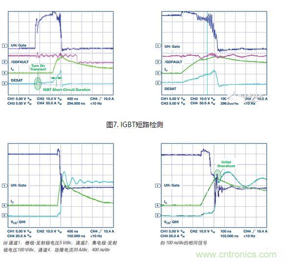 過流關(guān)斷時(shí)序延遲（通道1：柵極-發(fā)射極電壓10 V/div；通道2：來自 控制器的PWM信號(hào)5 V/div；通道3：低電平有效跳變信號(hào)5 V/div；100 ns/div）