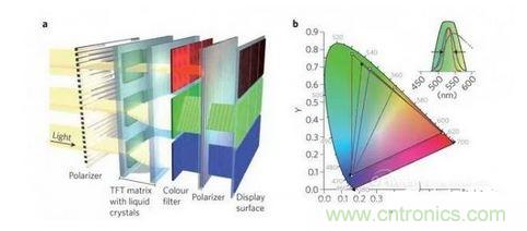  LCD顯示器示意圖。TFT表示薄膜晶體管（thin-film transistor）。