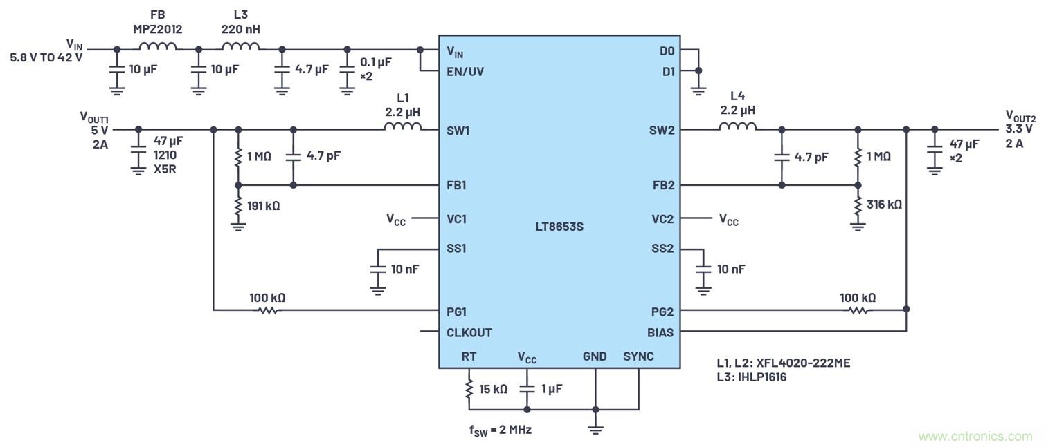 具有6.2 µA靜態(tài)電流的雙通道、42 V、2 A、單片、同步降壓型Silent Switcher 2穩(wěn)壓器