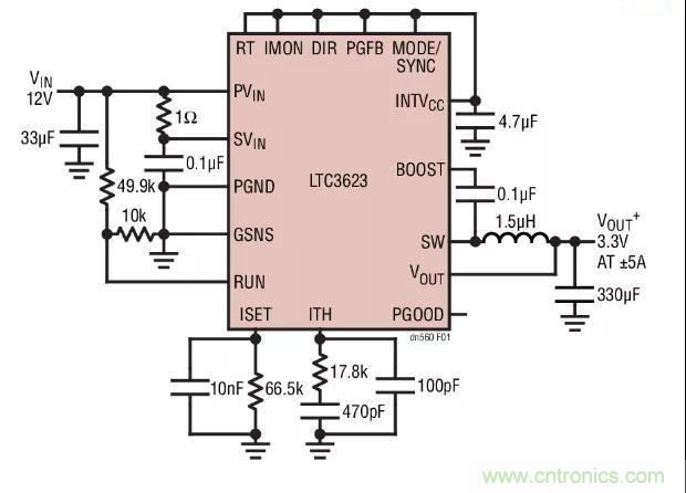 高效率、15V 軌至軌輸出同步降壓型穩(wěn)壓器能提供或吸收 5A