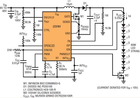 LT3761 LED驅(qū)動(dòng)器精確的PWM LED調(diào)光功能