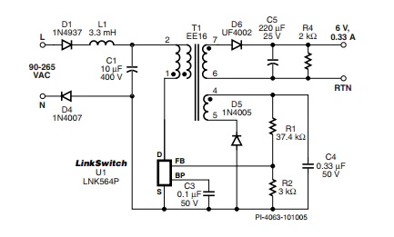 LinkSwitch-LP 系列旨在取代手機/無繩電話、PDA、數(shù)碼相機和便攜式音頻播放器等應(yīng)用中輸出功率 < 2.5 W 的低效線頻線性變壓器電源。LinkSwitch-LP 還可用作白色家電等應(yīng)用中的輔助電源。  LinkSwitch-LP 將高壓功率 MOSFET 開關(guān)與 ON/OFF 控制器集成在一個設(shè)備中。它完全由漏極引腳自供電，具有低 EMI 的抖動開關(guān)頻率，并且具有全面的故障保護。自動重啟可限制過載和輸出短路條件下的器件和電路耗散，而遲滯過溫保護會在熱故障期間禁用內(nèi)部 MOSFET。EcoSmart 技術(shù)使設(shè)計能夠輕松實現(xiàn) < 150 mW 的空載功耗，滿足能源效率要求。  LinkSwitch-LP 的設(shè)計目的是在輸出功率低于 2.5 W 時無需初級側(cè)鉗位電路，從而顯著減少組件數(shù)量和總系統(tǒng)成本。圖 1 顯示了基于 LinkSwitch-LP 的 2 W 電源，不帶初級側(cè)鉗位。LinkSwitch-LP 系列經(jīng)過優(yōu)化，當變壓器上的輔助或偏置繞組提供反饋時，可提供近似的 CV/CC 輸出特性。這非常適合取代工頻變壓器的應(yīng)用，提供兼容的輸出特性，但過載、短路電流和輸入線電壓變化較小。  　  在無鉗位設(shè)計中使用 LinkSwitch-LP 的基本電路原理圖。  快速開始  　 LinkSwitch-LP 反激式設(shè)計流程圖